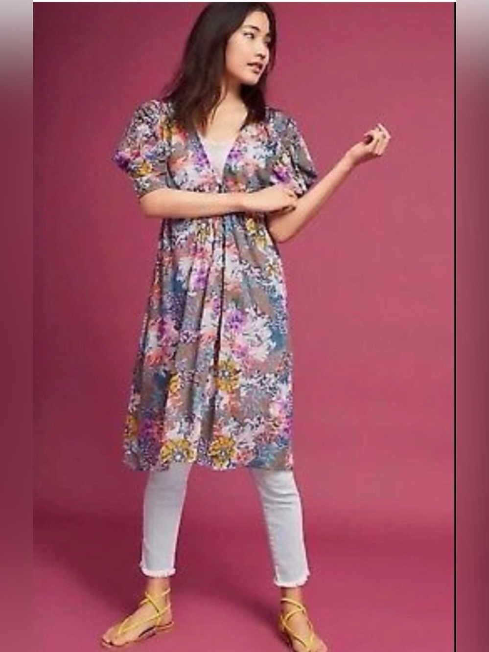Akemi + Kin Floral Button Front Midi Dress Puff Sleeve Sheer Boho Fairy